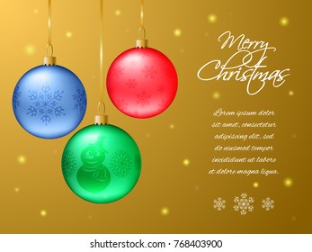 Rectangular Christmas or New Year card. Realistic multicolored balls on a gold background. Shining stars around. You can write your own text. Vector illustration.