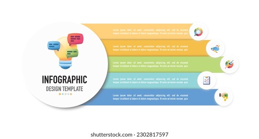 Rectangular and circular paper origami infographic template or element with 5 step, process, option, colorful 3D icons, circle, rectangle, bar, ribbon, light bulb, button for sale slide, flowchart