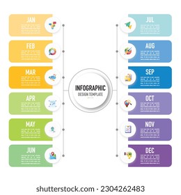 Plantilla o elemento infográfico rectangular y circular de mapa de la mente de la línea de tiempo con 12 meses, paso, proceso, opción, rectángulo colorido, círculo, botón, etiqueta, íconos, diapositiva de origami de papel para la venta, flujo de trabajo