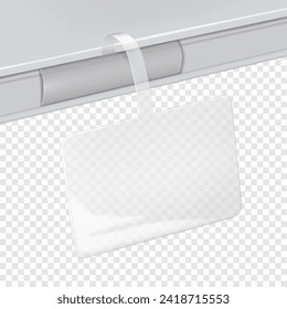 Rectangular clear shelf wobbler on transparent background. Vector mockup. White blank rectangle supermarket dangler realistic mock-up