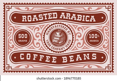 A rectangular coffee package template in vintage style, all elements are in the separate group and editable.