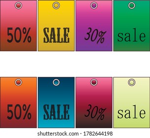 Rectangular colored plates show percentages, numbers and the word "sale".