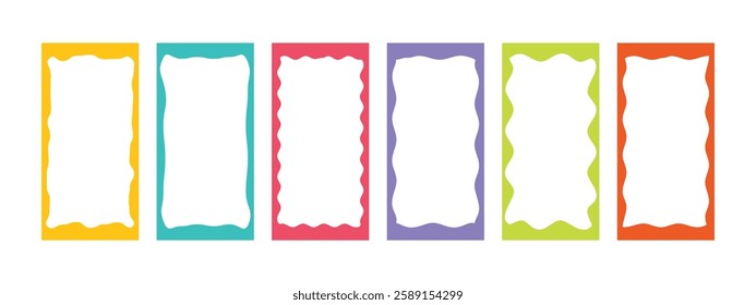 Rectangular colored retro frames with squiggly, zigzag wavy edges. Vector cute borders for photos, labels, stamps isolated on white background