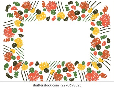 Rectangular colorful frame with flowers, cacti and geometric elements on a pink background. Minimalistic vector design.