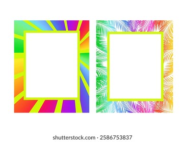 Rectangular colorful frames for greetings card, book title, signboard, menu, postcard or photo frame with fun-leaved palms and multicolored sunburst. Part 2