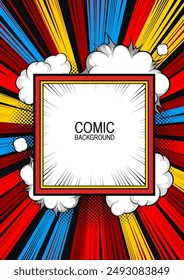 Rechteckiger Comic-Rahmen, Comic-Hintergrund-Vorlage-Design, Pop-Art-Illustration, mit Radiallinien Starburst, Halbton-Bildschirm und Comic-Sprechblasen.