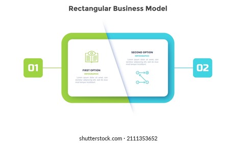 Rectangular comparison diagram divided into 2 parts. Concept of business model with two options to choose or select. Modern flat infographic vector illustration for data visualization, presentation.