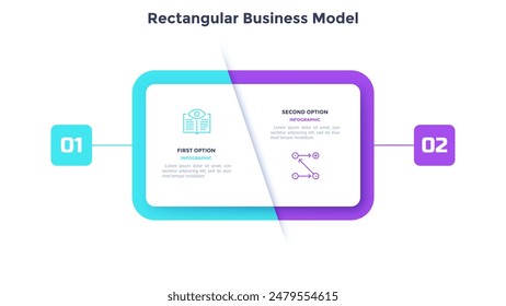 Rectangular comparison diagram divided into 2 parts. Concept of business model with two options to choose or select. Modern flat infographic vector illustration for data visualization, presentation.