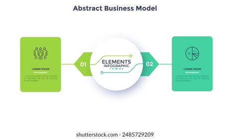 Rectangular comparison diagram divided into 2 parts. Concept of business model with two options to choose or select. Modern flat infographic vector illustration for data visualization, presentation.