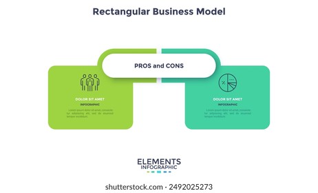 Rectangular comparison diagram divided into 2 parts. Concept of business model with two options to choose or select. Modern flat infographic vector illustration for data visualization, presentation.