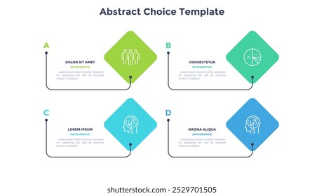 Diagrama de comparação retangular dividido em 4 partes. Conceito de modelo de negócios com quatro opções para escolher ou selecionar. Ilustração de vetor infográfico plana moderna para visualização de dados, apresentação.