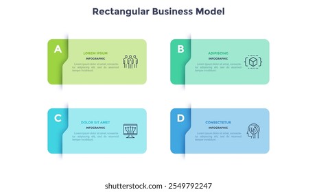 Diagrama de comparação retangular dividido em 4 partes. Conceito de modelo de negócios com quatro opções para escolher ou selecionar. Ilustração de vetor infográfico plana moderna para visualização de dados, apresentação.