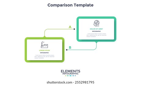 Diagrama de comparação retangular dividido em 2 partes. Conceito de modelo de negócios com duas opções para escolher ou selecionar. Ilustração de vetor infográfico plana moderna para visualização de dados, apresentação.