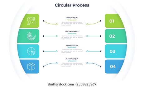 Rectangular comparison diagram divided into 4 parts. Concept of business model with four options to choose or select. Modern flat infographic vector illustration for data visualization, presentation.