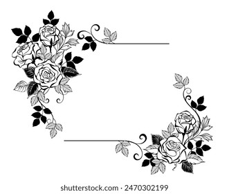 Rectangular composition of artistically drawn, contour, blooming roses and contour and silhouette leaves on white background. Design with roses.
