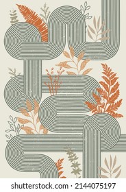 Rectangular composition with herbs on the background of abstract figures. Design for posters, tags, postcards, packaging.