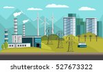 Rectangular composition with orthogonal images of urban houses powerplant turbine towers power transmission lines on hills vector illustration