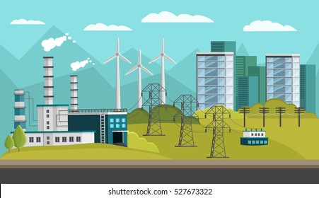 Rectangular composition with orthogonal images of urban houses powerplant turbine towers power transmission lines on hills vector illustration