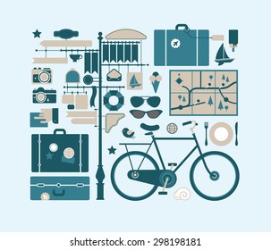 Rectangular composition with retro travel symbols.
