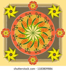 Rectangular composition of stylized plant elements. Print for kerchief, pareo and other. Vector illustration