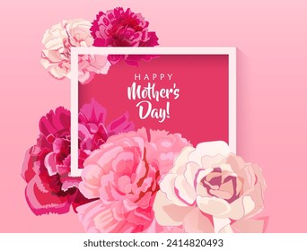 Rectangular congratulations card for Mother's Day. Angular frame with pink, red, white carnation flowers on bright background. Template for mother greeting. Realistic illustration in watercolor style