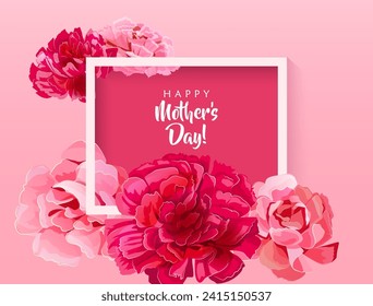 Rectangular congratulations card for Mother's Day. Angular frame with pink, red, white carnation flowers on bright background. Template for mother greeting. Realistic illustration in watercolor style