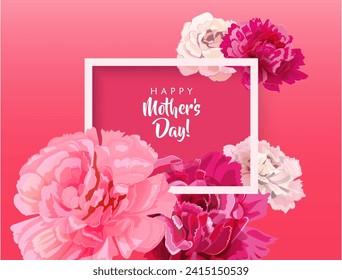 Rectangular congratulations card for Mother's Day. Angular frame with pink, red, white carnation flowers on bright background. Template for mother greeting. Realistic illustration in watercolor style