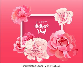 Rectangular congratulations card for Mother's Day. Angular frame with pink, red, white carnation flowers on bright background. Template for mother greeting. Realistic illustration in watercolor style