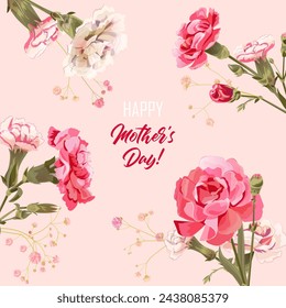 Rectangular congratulations card for Mother's Day. Angular frame with pink, red, white carnation flowers on bright background. Template for mother greeting. Realistic illustration in watercolor style