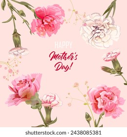 Rectangular congratulations card for Mother's Day. Angular frame with pink, red, white carnation flowers on bright background. Template for mother greeting. Realistic illustration in watercolor style