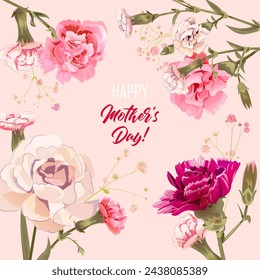 Rectangular congratulations card for Mother's Day. Angular frame with pink, red, white carnation flowers on bright background. Template for mother greeting. Realistic illustration in watercolor style