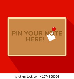 Rectangular cork board, pin board with wood frame and free space to pin your note, information or notice. There is a red pin on brown board.