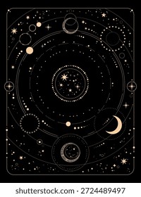 Rectangular cosmic ornament with moons. Golden elements on a black background