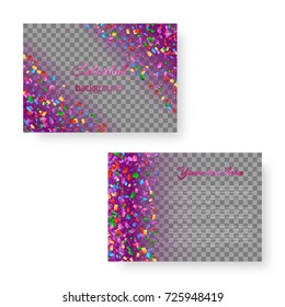 Rectangular cover of brochure with bright falling small confetti for Christmas design on a transparent backdrop