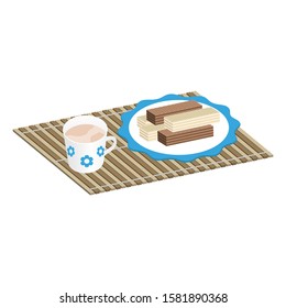 Rectangular crispy waffles with milk filling and chocolate in a plate with a cup of cocoa on a bamboo mat. Confectionery crispy desserts and a drink.3d vector illustration and isometric view.