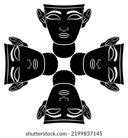 Rectangular cross design with four stylized human faces. Ancient Assyrian mask. Black and white silhouette.
