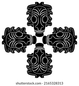 Rectangular cross design with four tribal masks. Neolithic Chinese Hongshan culture. Black and white negative silhouette.