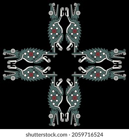 Rectangular cross design or frame with fantastic crocodile monsters. Native American animal art of Aztec Indians from Mexican codex. On black background.
