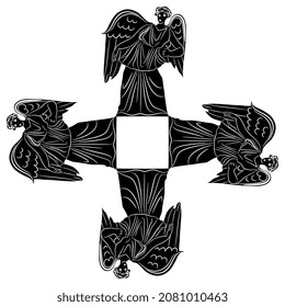 Rectangular cross design or frame with four ancient Greek angels or winged goddesses. Black and white negative silhouette.
