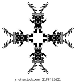 Rectangular cross design or frame with four fantastic characters. Horned man with snake antlers. Native American art of ancient Peru. Chancay Sican culture. Black and white silhouette.