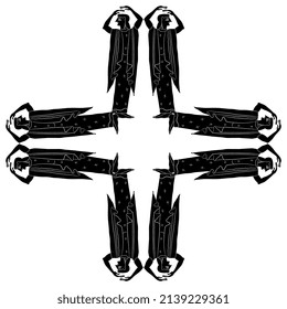 Rectangular cross design or frame with standing ancient Greek women with raised up hands. Geometrical ethnic square mandala. Black and white negative silhouette.