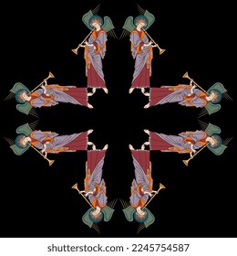 Rectangular cross design or frame with winged angels playing trumpets. Medieval Christian symbol. On black background.
