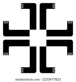 Rectangular cross design r square frame with stylized human feet. Native American Inca motif from ancient Peru. Black and white silhouette.