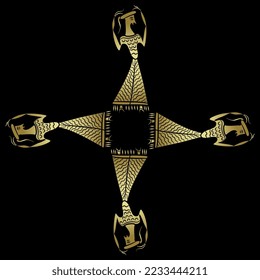 Rectangular cross design or square frame with four dancing Mycenaean women. Ethnic Cretan Minoan style. Funny feminist concept. Golden glossy silhouette on black background.