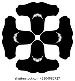 Rectangular cross shape animal design with four heads of hammerhead shark fish. Black and white silhouette.