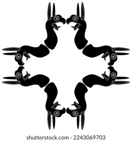 Rectangular cross shape animal frame with fantastic griffin or dragon heads. Ancient Greek or Scythian art. Black and white silhouette.