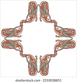 Rectangular cross shape animal frame with fantastic medieval dragons. Illuminated manuscript style. Isolated vector illustration.