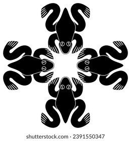 Rectangular cross shape animal ornament or frame with stylized frogs or toads. Native American design of Cuimbaya culture from ancient Columbia. Black and white silhouette.