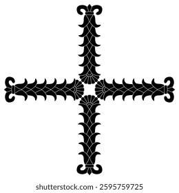 Rectangular cross shape decor frame with Persian Achaemenid floral motifs. Stylized plant or cone. Geometrical palmette design. Black and white silhouette. 