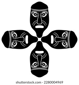 Rectangular cross shape design with four heads of Viking man from Denmark. Male masks. Black and white silhouette.
